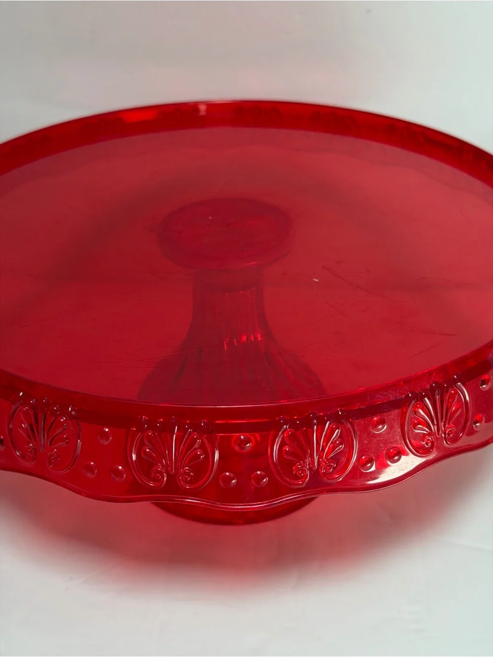 Red Plastic Pedestal Cake Stand and Large Tray